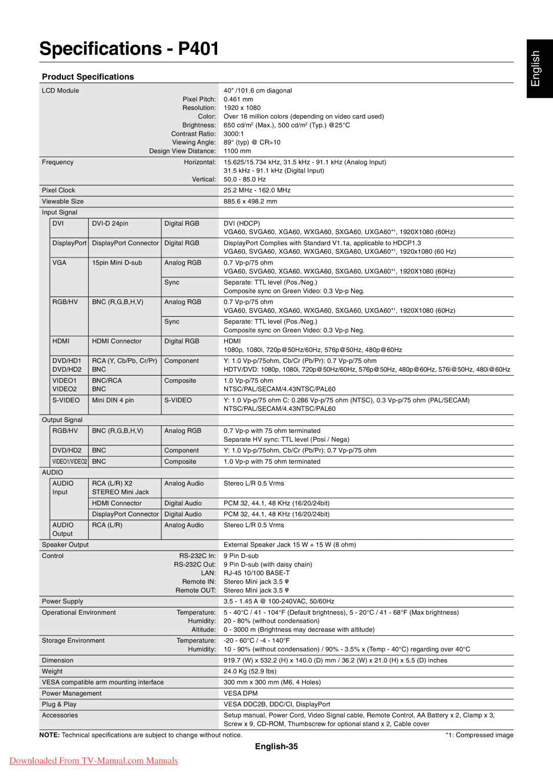 NEC P461, P521 user manual Specifications P401, Product Specifications, English-35 