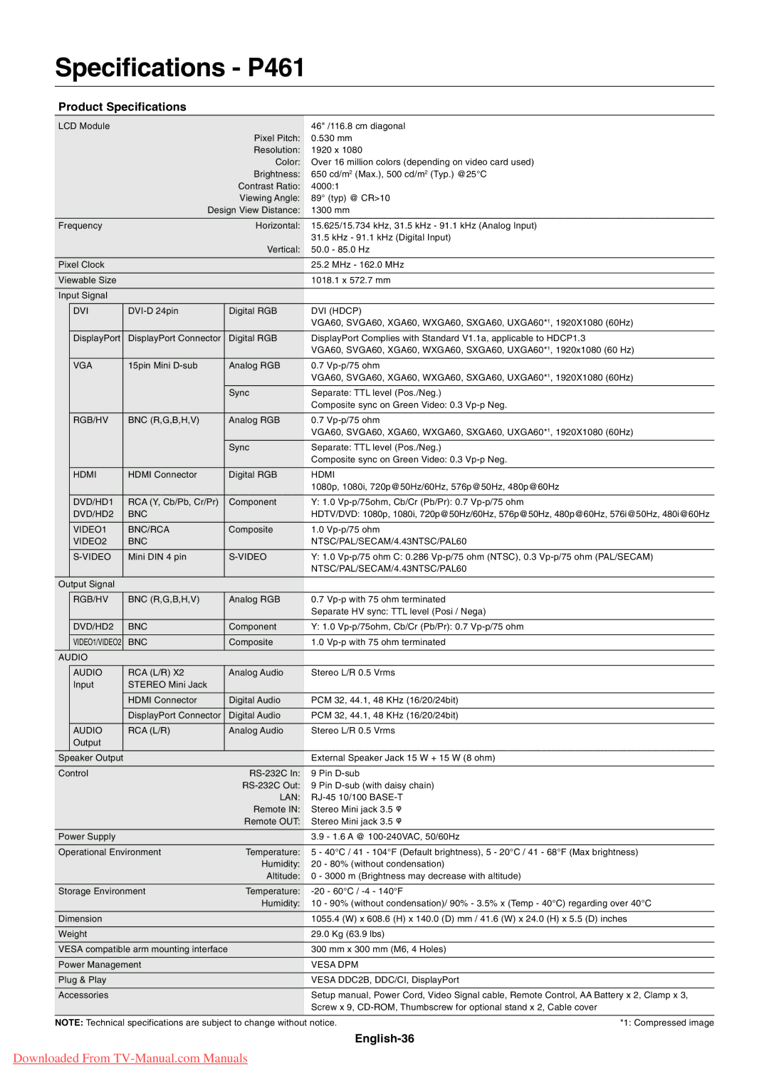 NEC P521, P401 user manual Specifications P461, English-36 