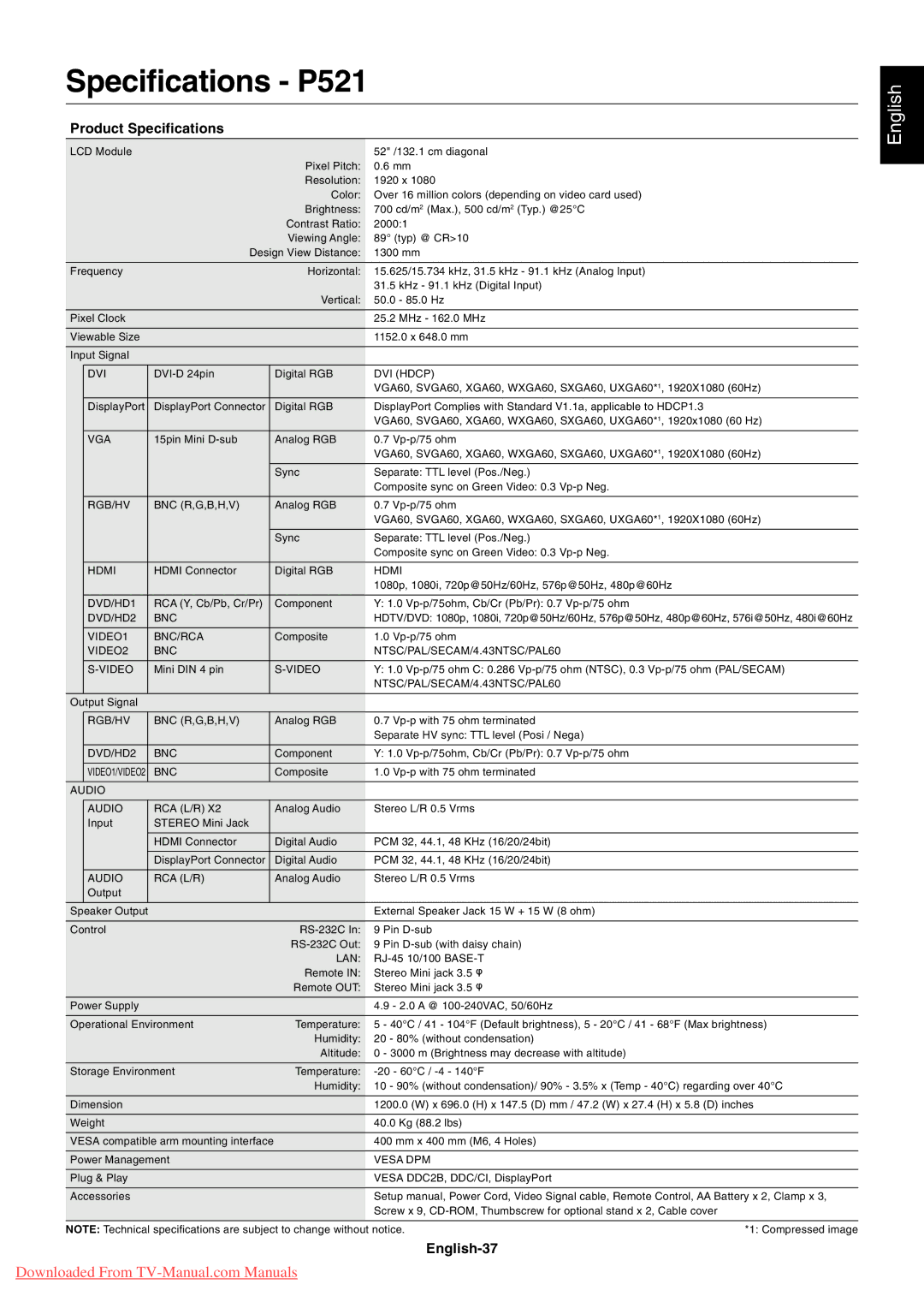 NEC P461, P401 user manual Specifications P521, English-37 