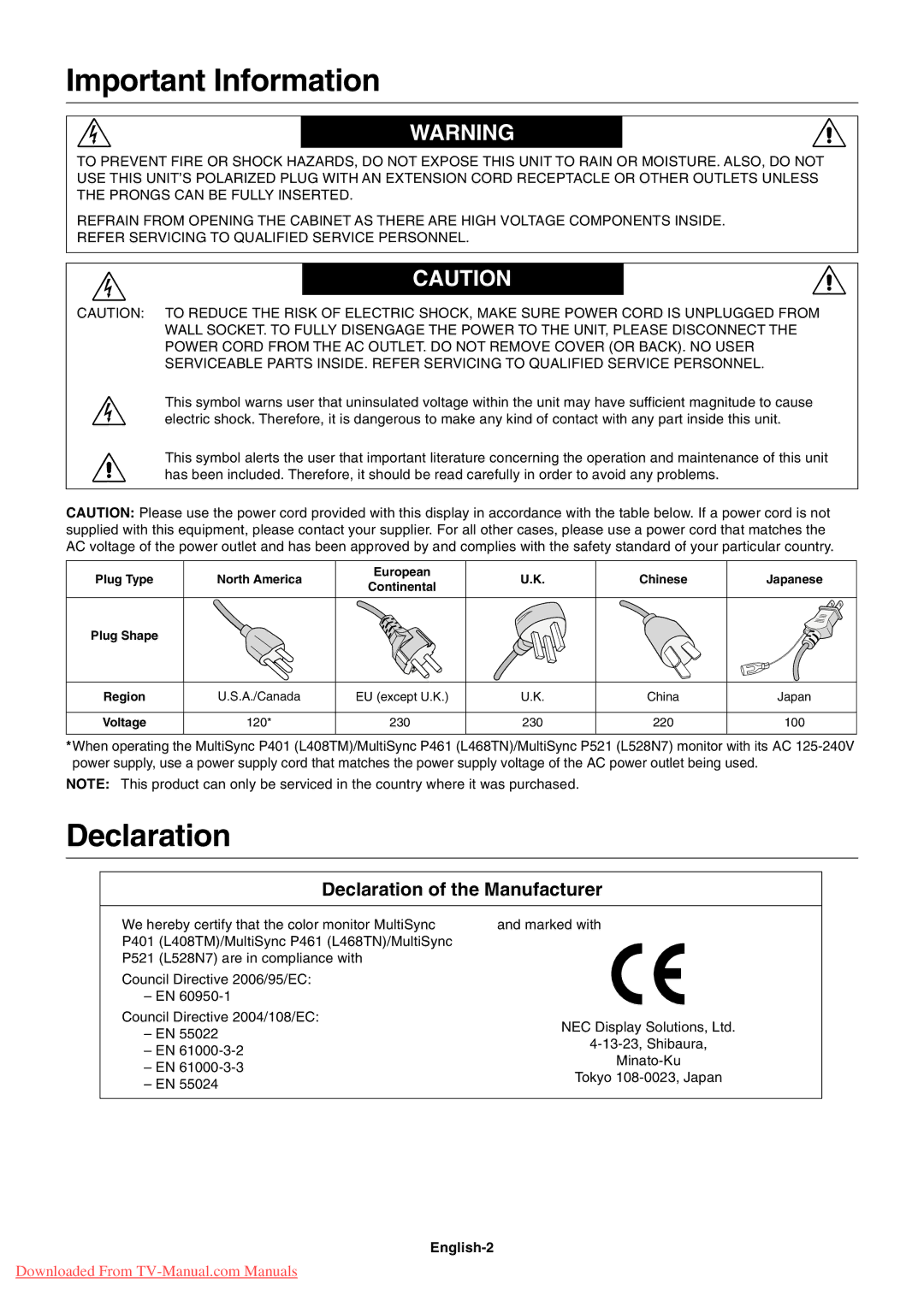 NEC P401, P461, P521 user manual Important Information, Declaration of the Manufacturer, English-2 