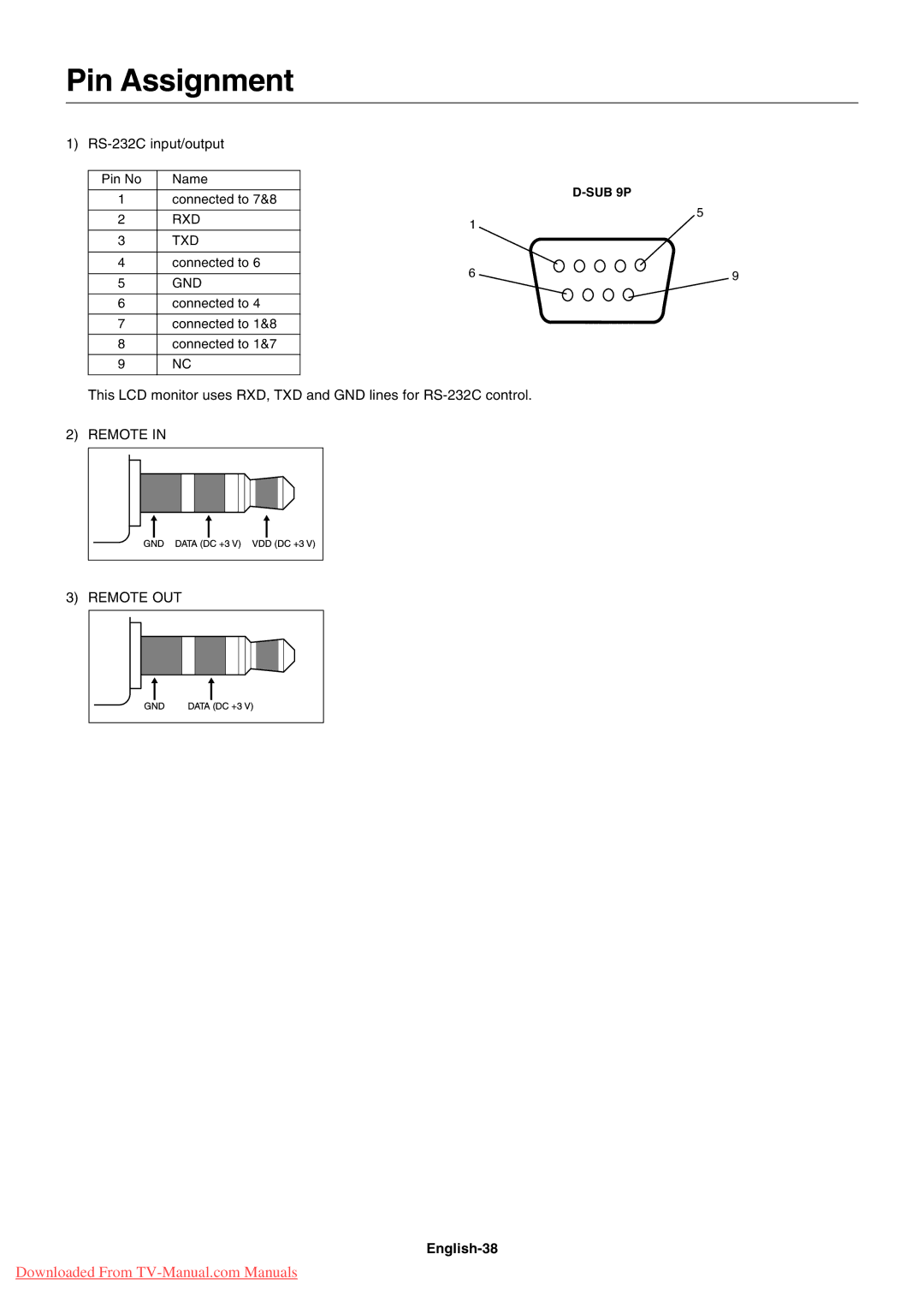 NEC P401, P461, P521 user manual Pin Assignment, English-38, Rxd Txd, Gnd 