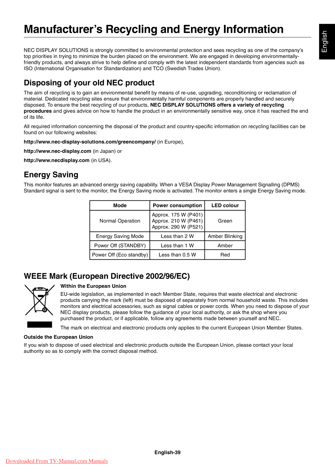 NEC P521, P461, P401 Manufacturer’s Recycling and Energy Information, Disposing of your old NEC product, Energy Saving 