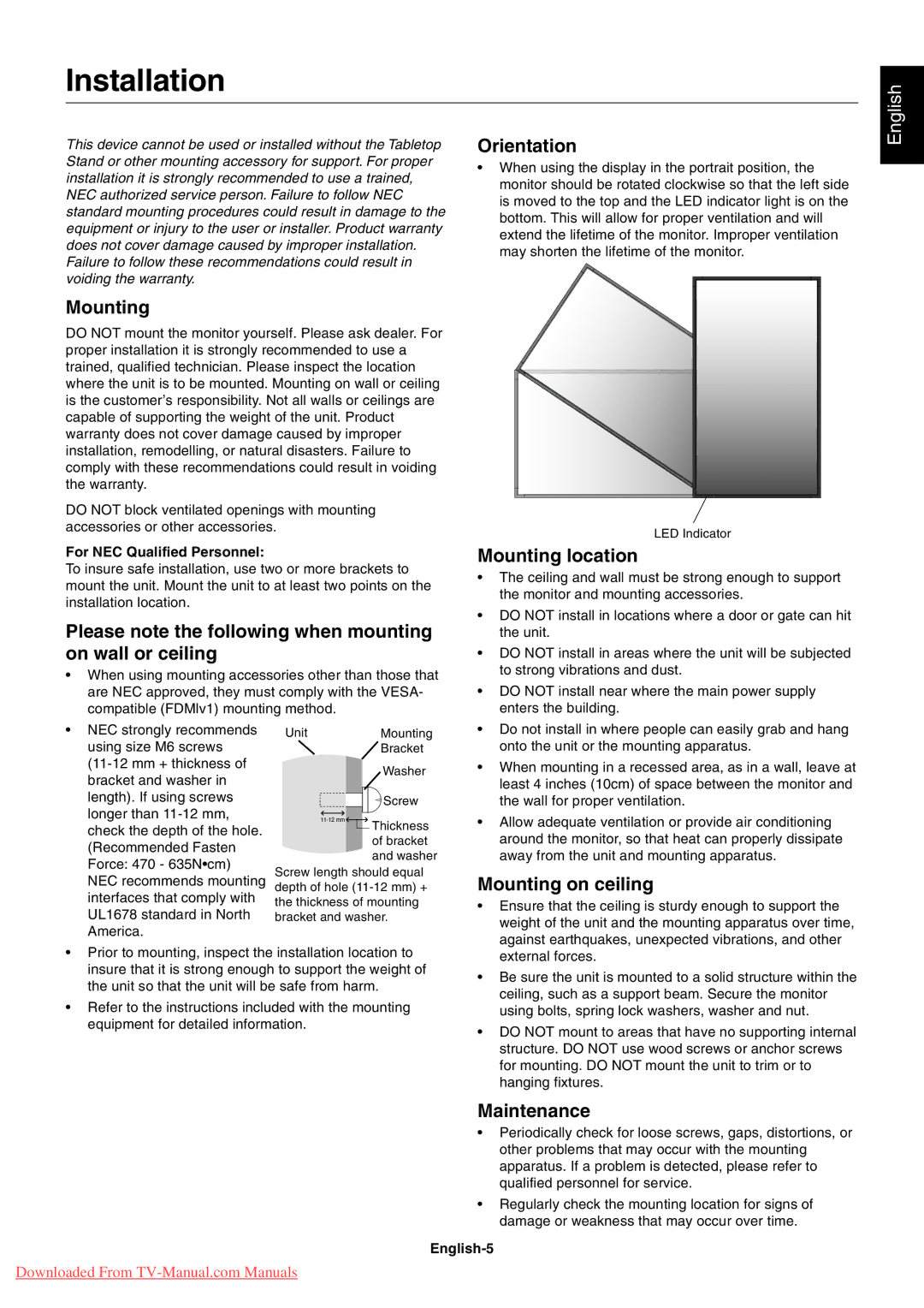 NEC P401, P461, P521 user manual Installation 