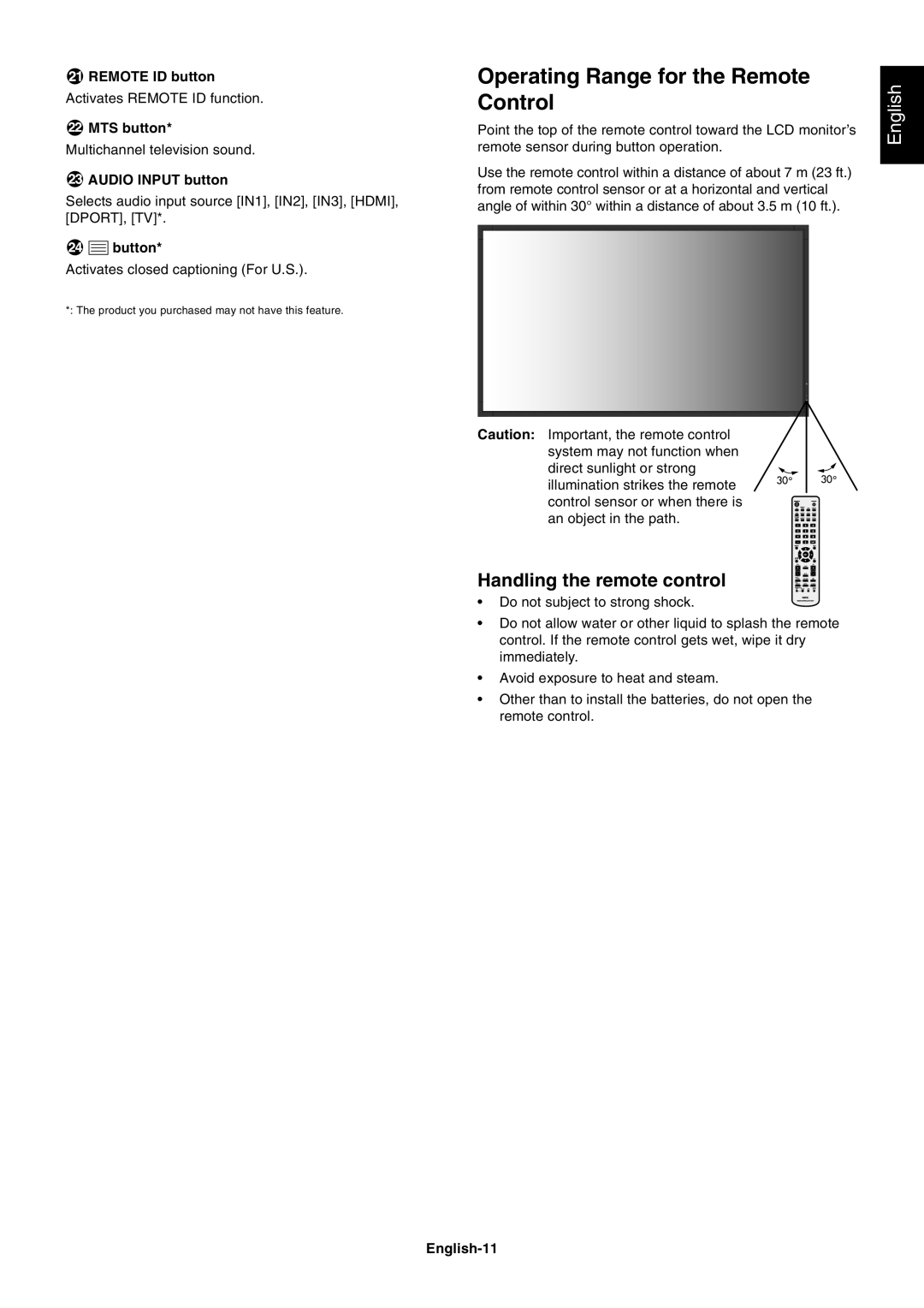 NEC P461 user manual Operating Range for the Remote Control, Handling the remote control 