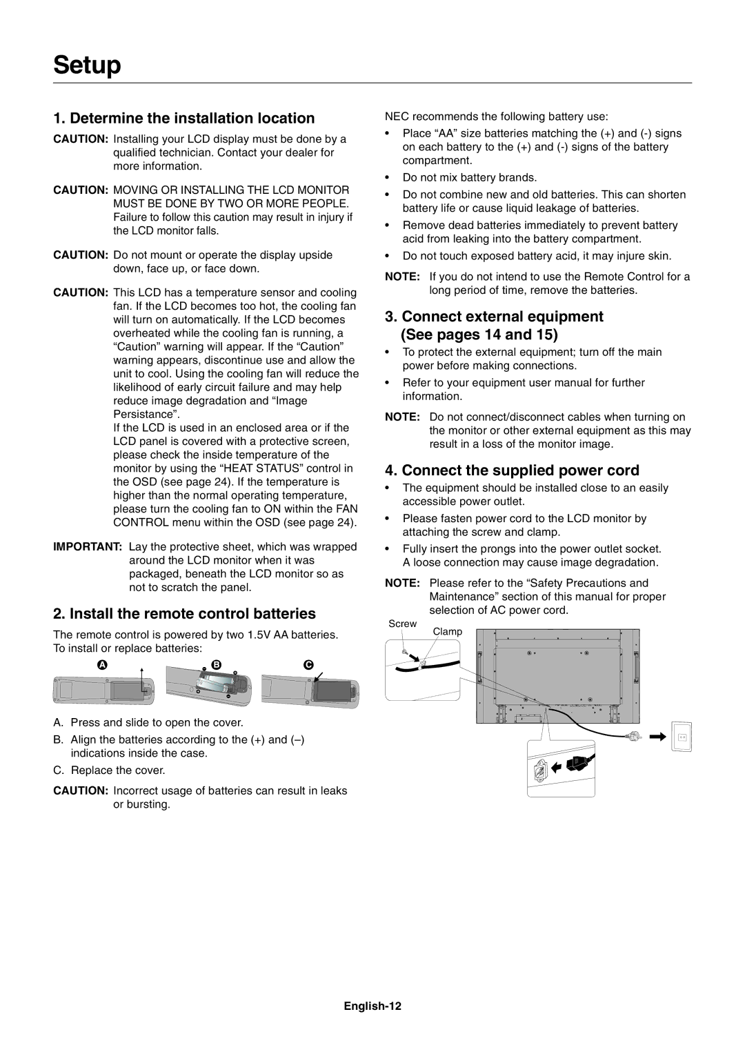 NEC P461 Setup, Determine the installation location, Install the remote control batteries, Connect the supplied power cord 