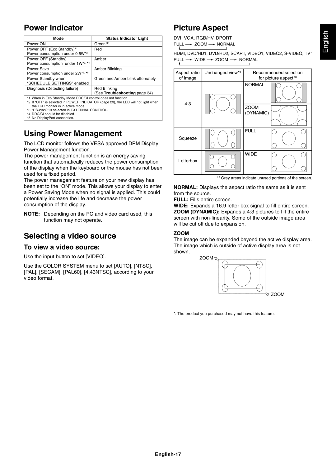 NEC P461 Power Indicator, Using Power Management, Selecting a video source, Picture Aspect, To view a video source 