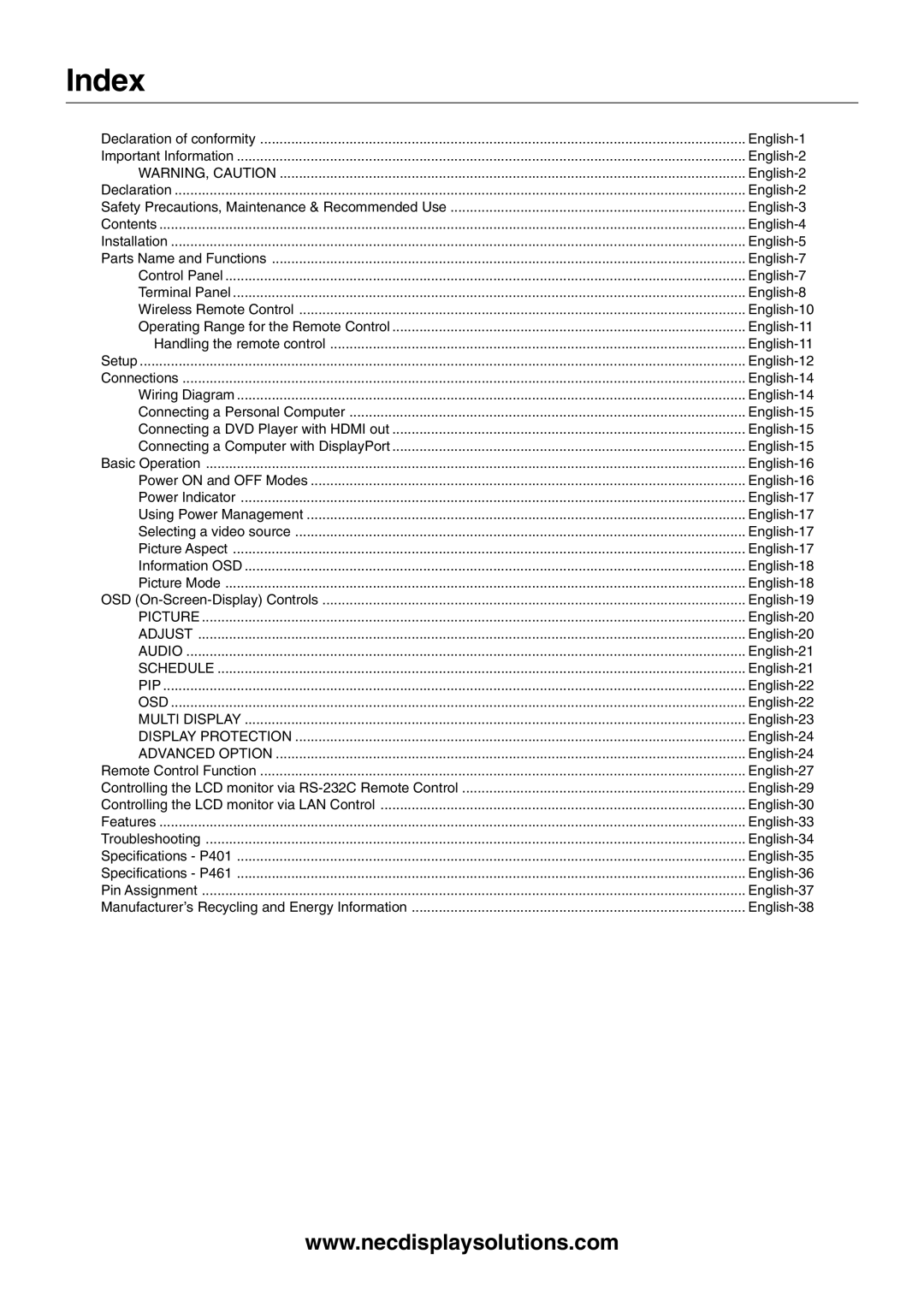 NEC P461 user manual Index, Advanced Option 