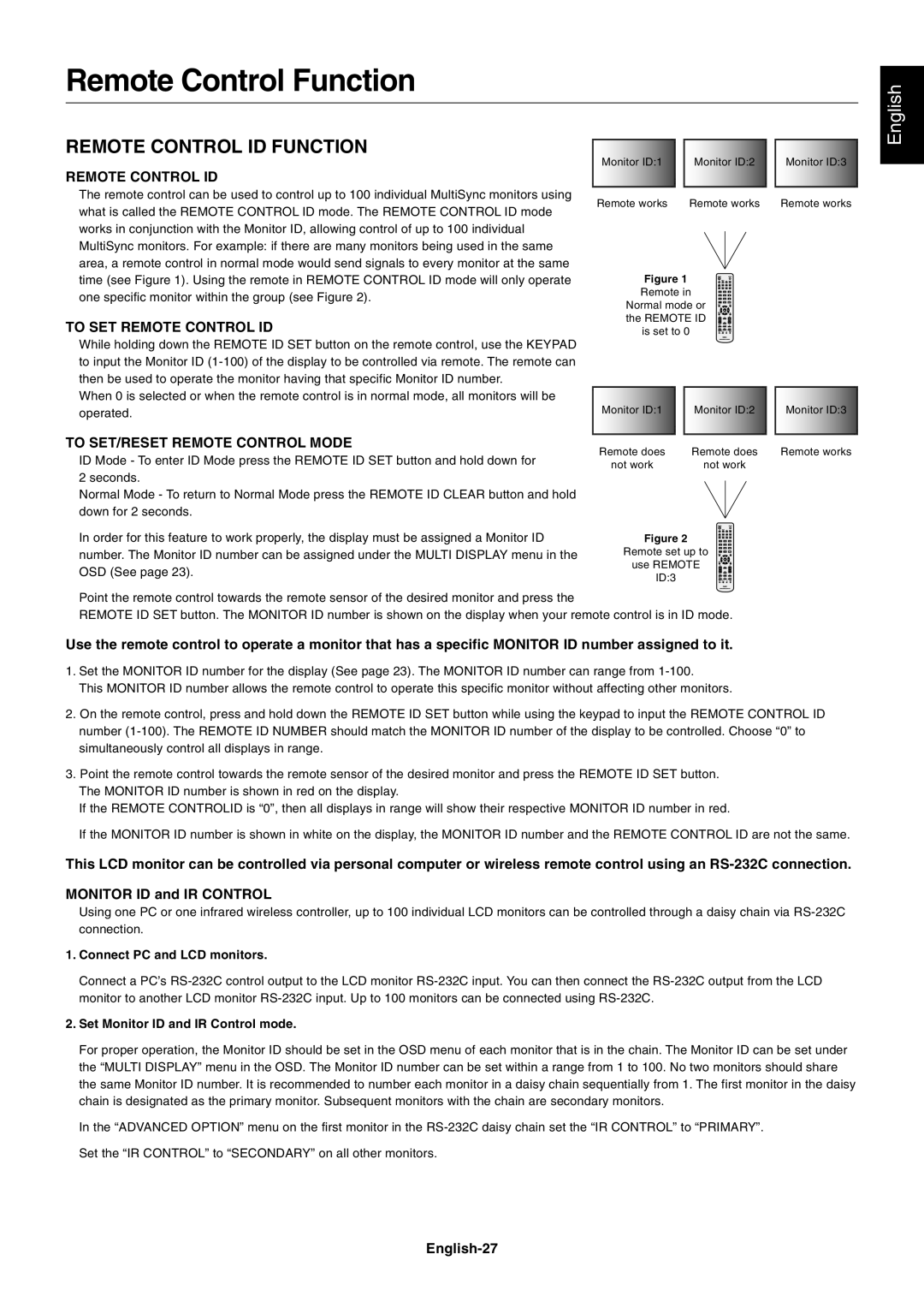 NEC P461 user manual Remote Control Function, To SET Remote Control ID, To SET/RESET Remote Control Mode, English-27 