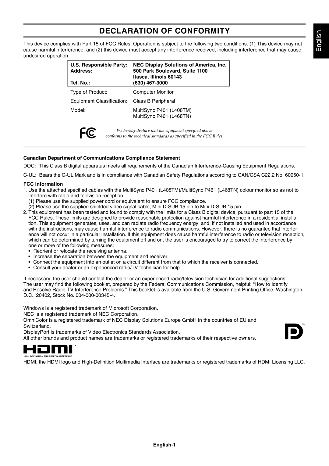 NEC P461 user manual Canadian Department of Communications Compliance Statement, FCC Information, English-1 