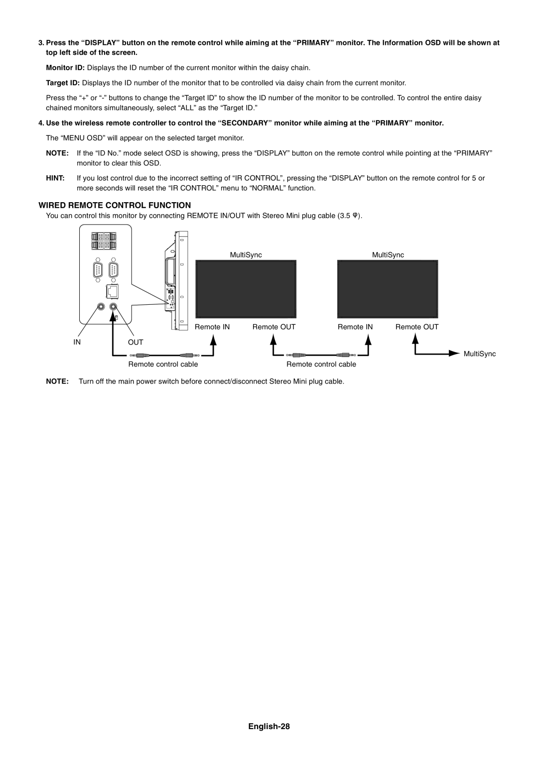 NEC P461 user manual Wired Remote Control Function, English-28, Inout 