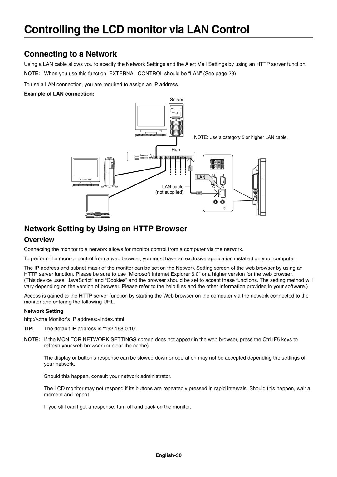 NEC P461 Controlling the LCD monitor via LAN Control, Connecting to a Network, Network Setting by Using an Http Browser 