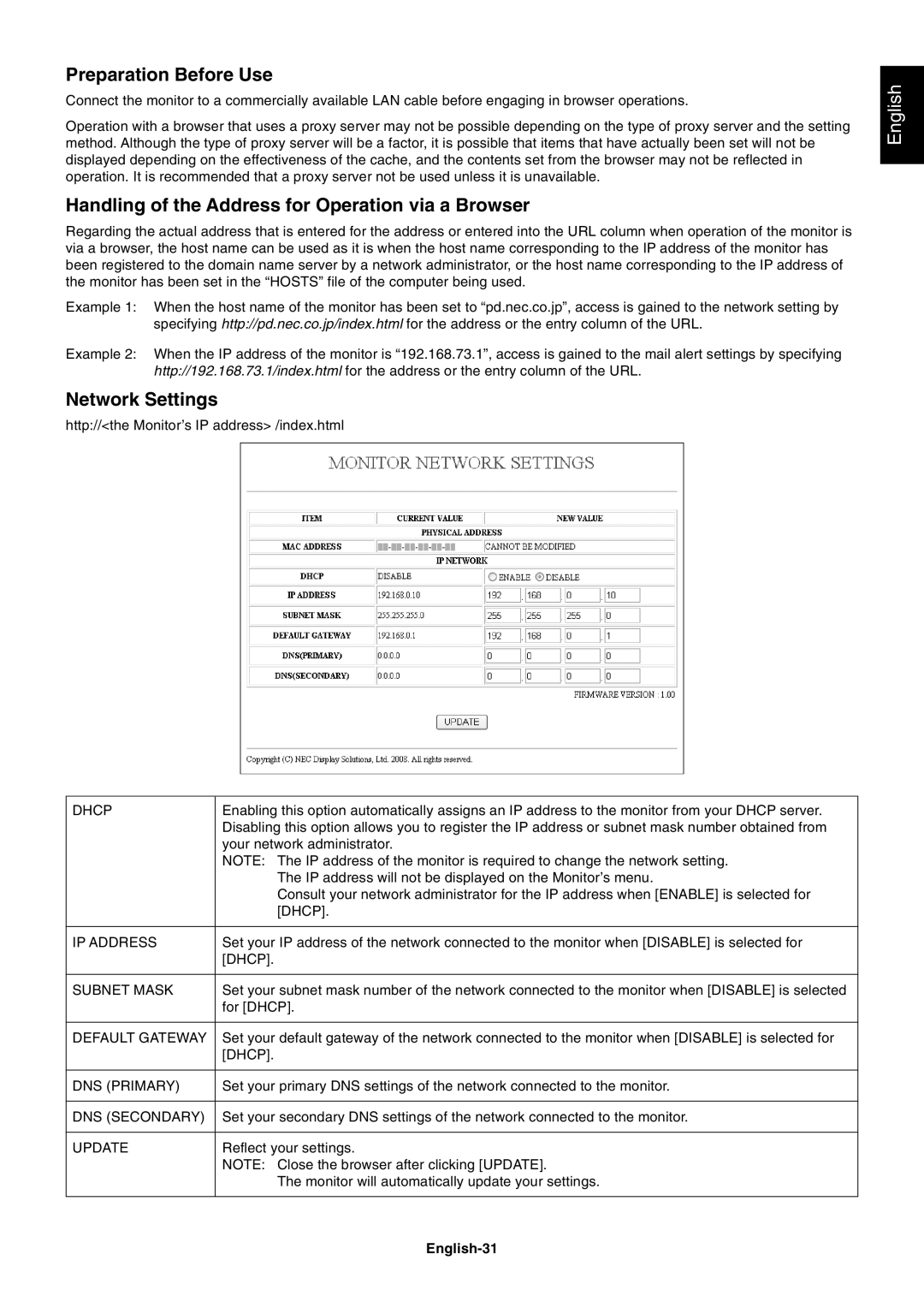 NEC P461 Preparation Before Use, Handling of the Address for Operation via a Browser, Network Settings, English-31 