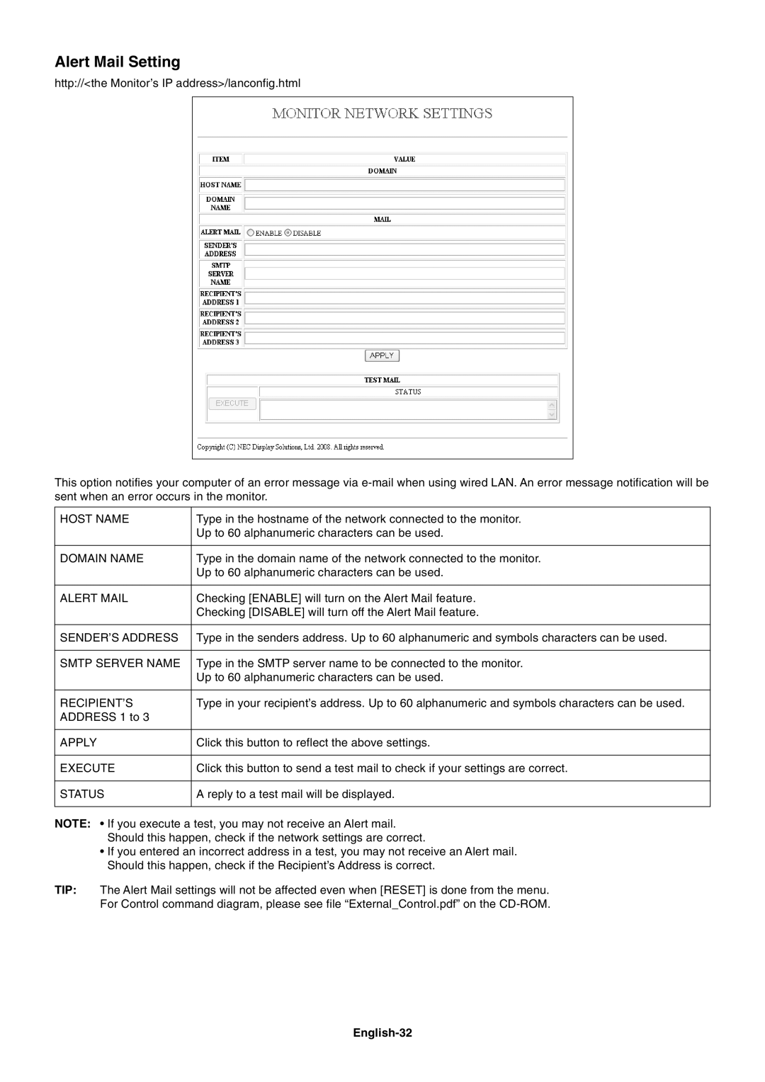 NEC P461 user manual Alert Mail Setting, English-32 