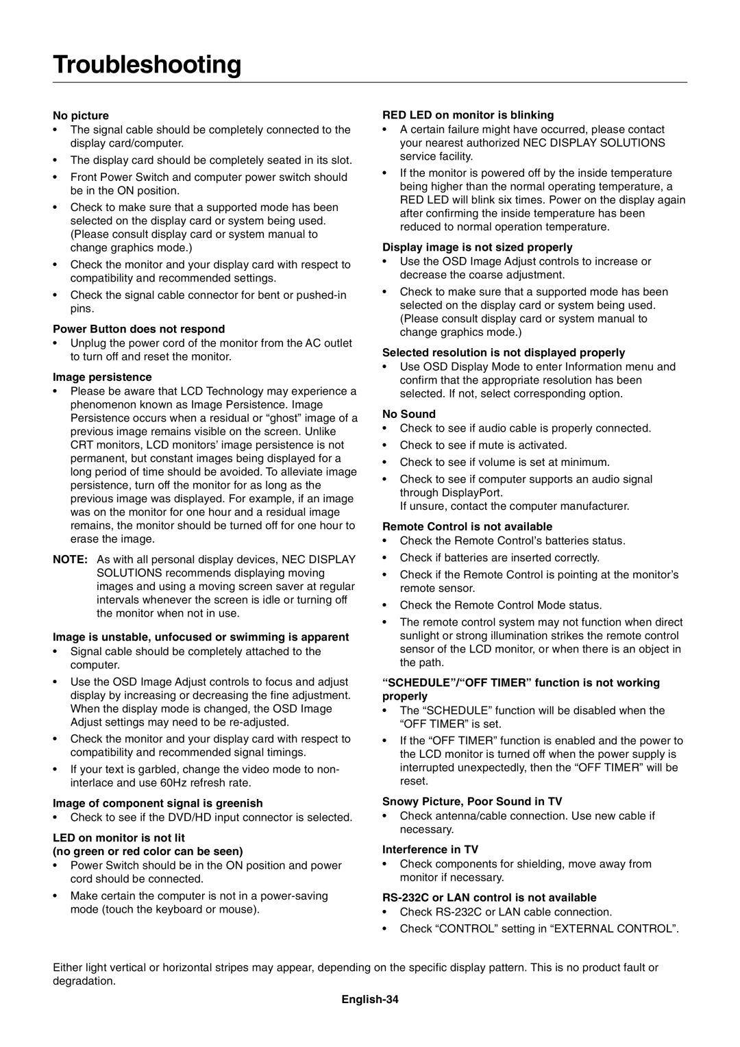 NEC P461 user manual Troubleshooting 