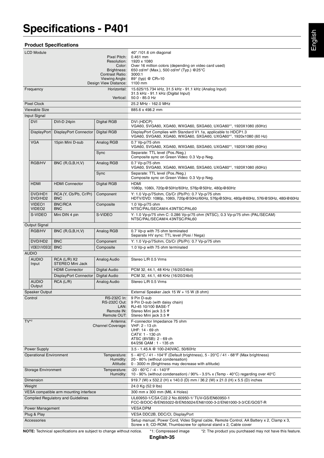 NEC P461 user manual Specifications P401, Product Specifications, English-35 