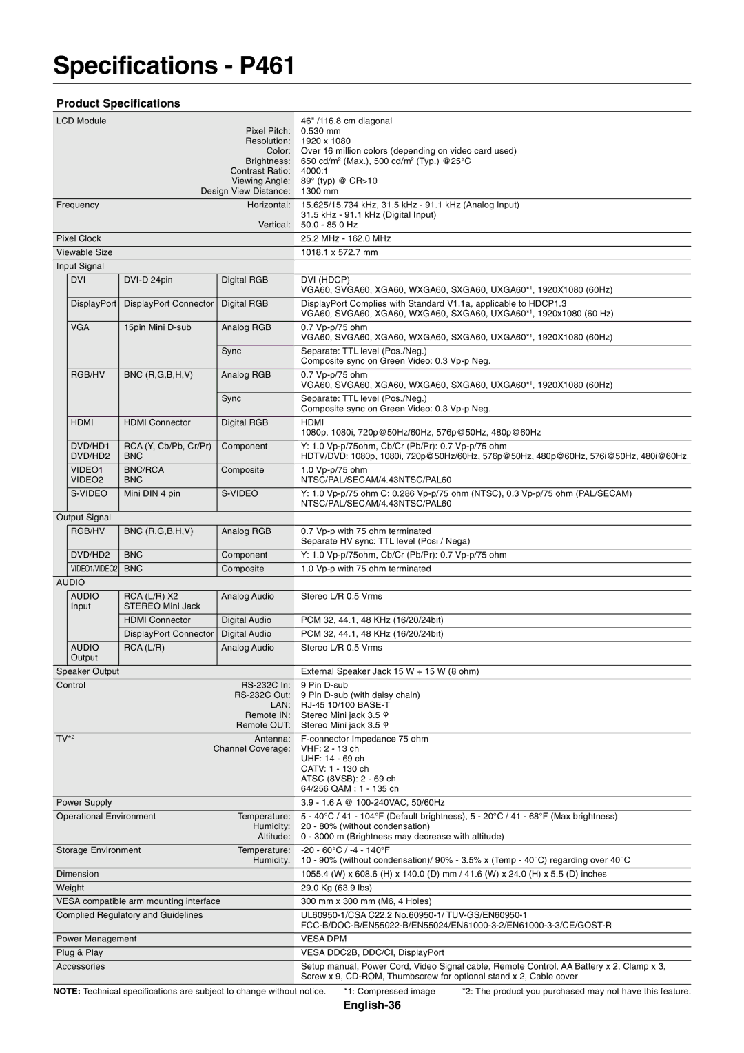 NEC user manual Specifications P461, English-36 