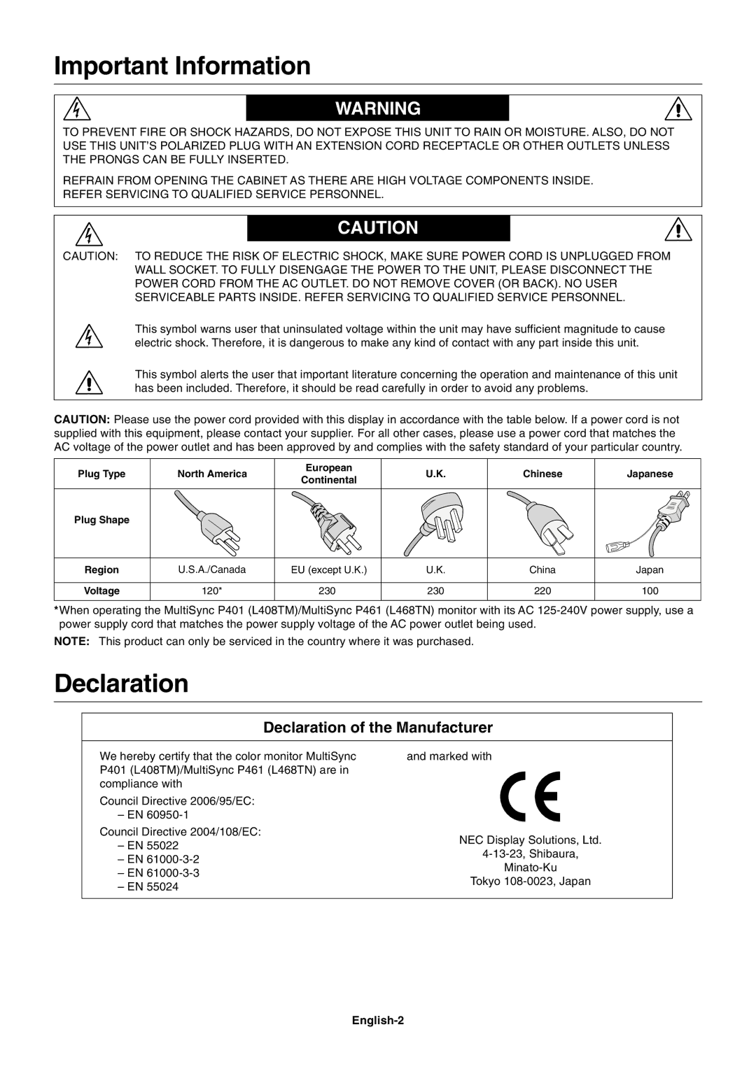 NEC P461 user manual Important Information, Declaration of the Manufacturer, English-2 