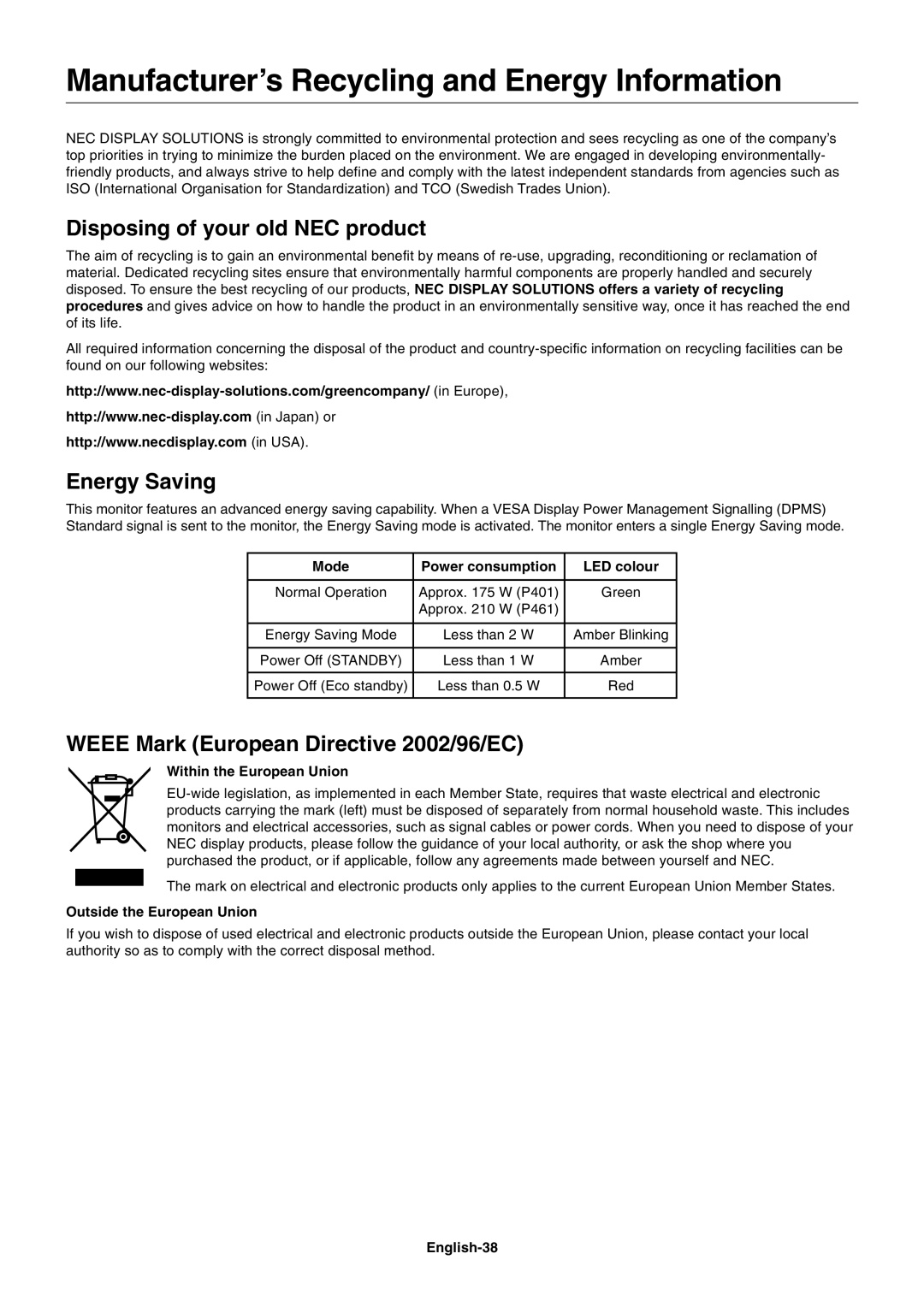 NEC P461 user manual Manufacturer’s Recycling and Energy Information, Disposing of your old NEC product, Energy Saving 