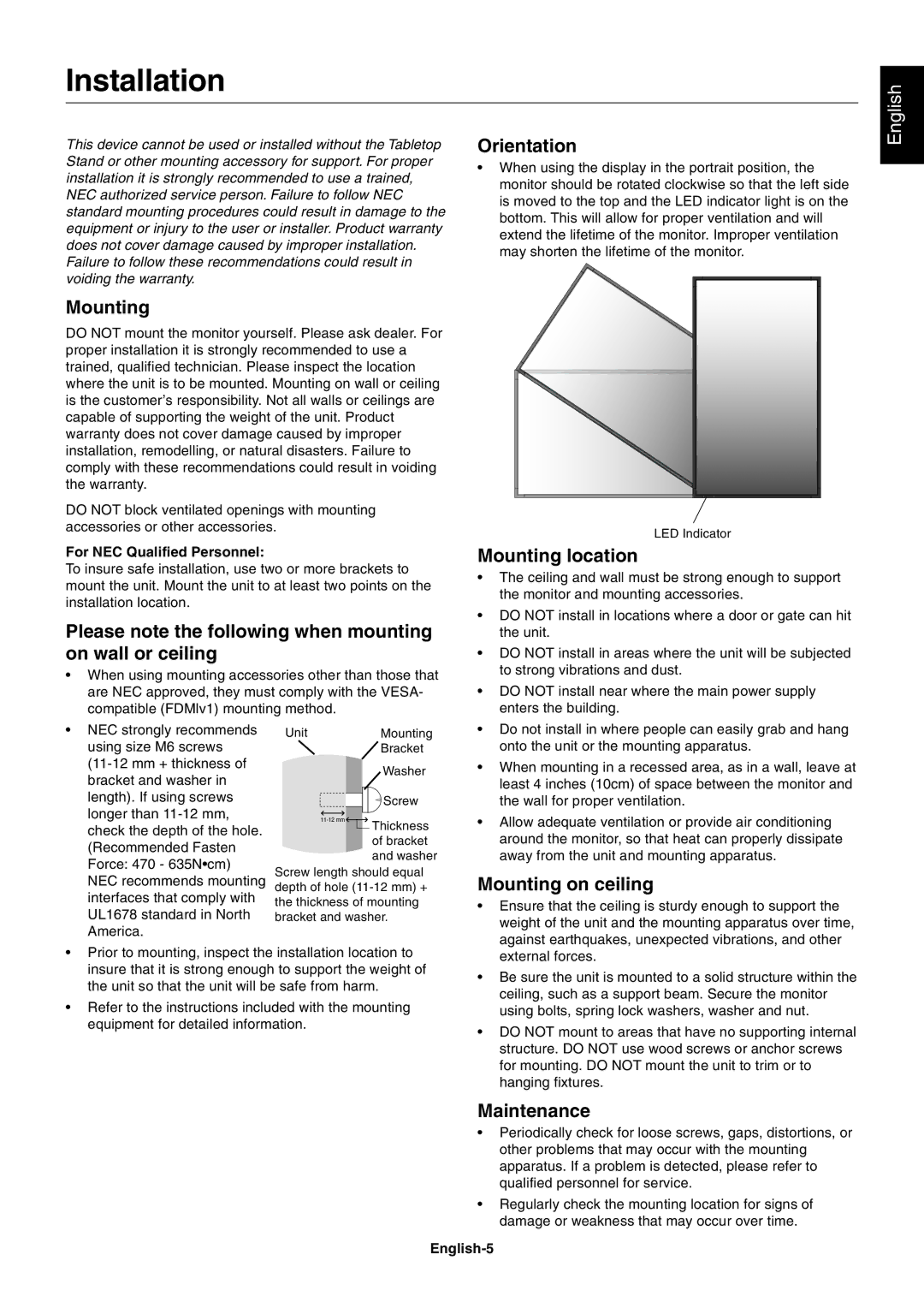 NEC P461 user manual Installation 