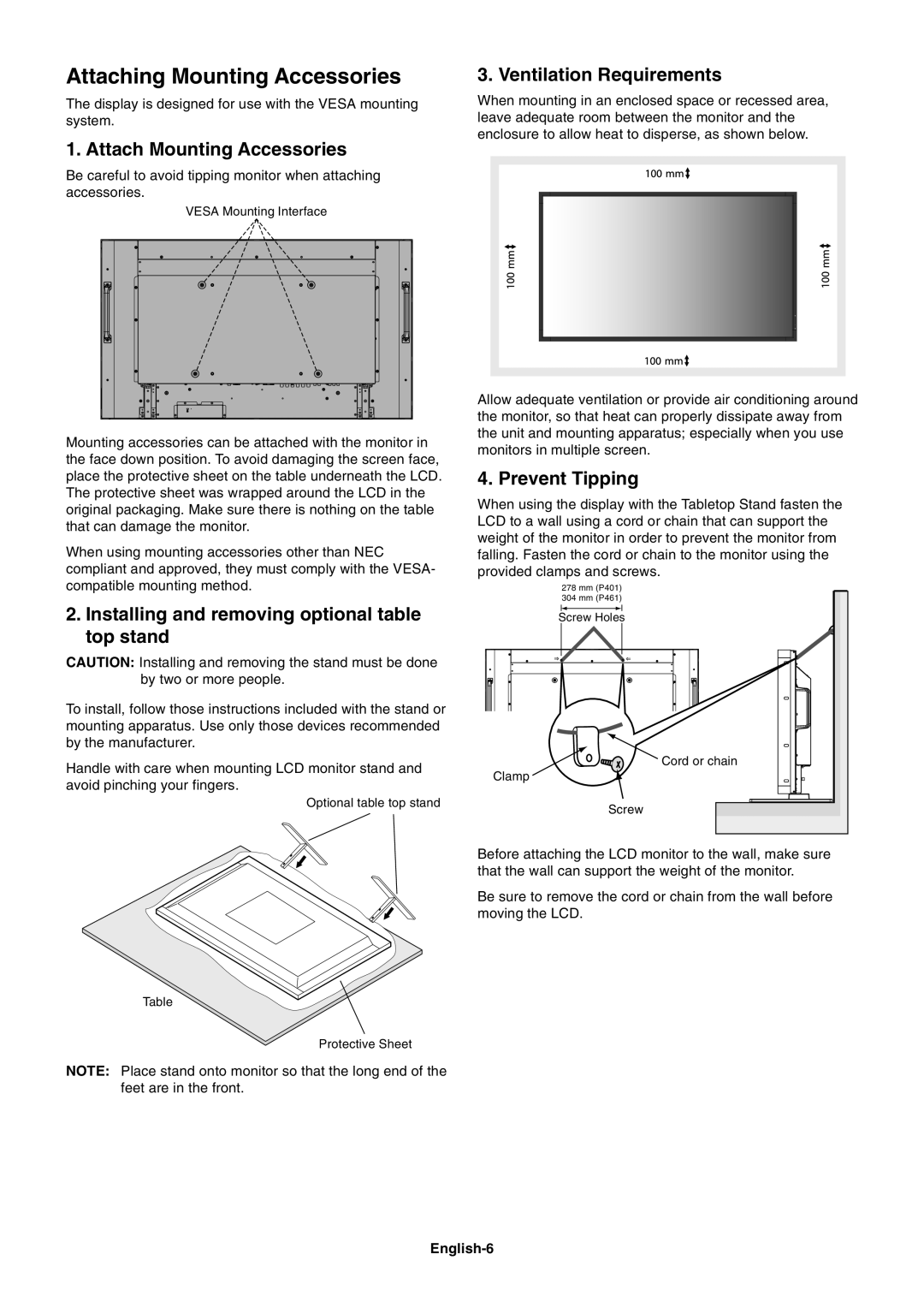 NEC P461 Attaching Mounting Accessories, Attach Mounting Accessories, Installing and removing optional table top stand 