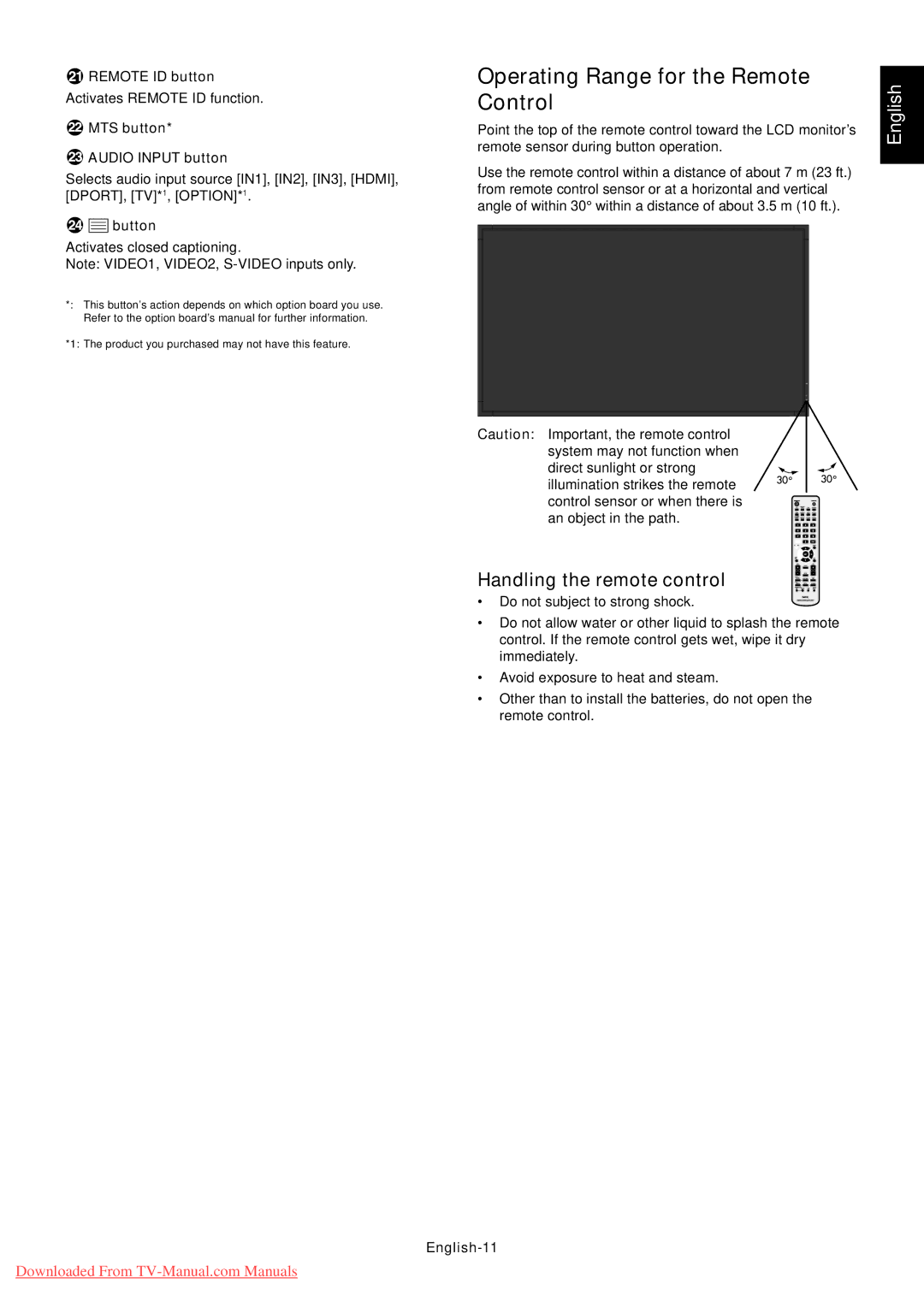 NEC P521 user manual Operating Range for the Remote Control, Handling the remote control 