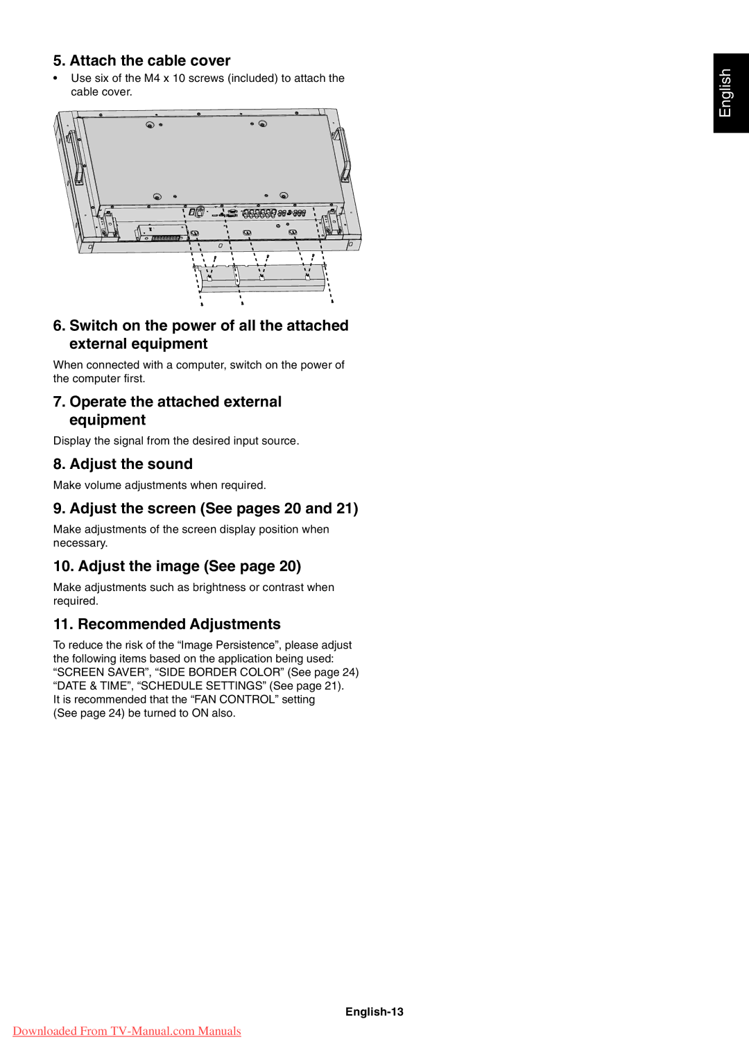 NEC P521 user manual Attach the cable cover, Switch on the power of all the attached external equipment, Adjust the sound 