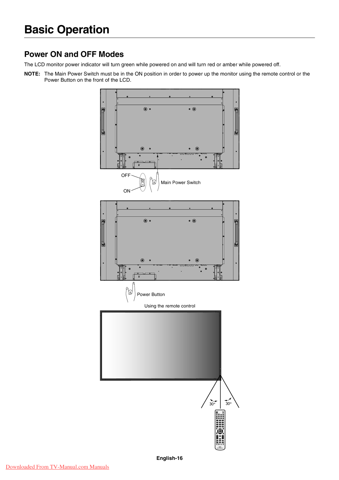 NEC P521 user manual Basic Operation, Power on and OFF Modes, English-16, Off 