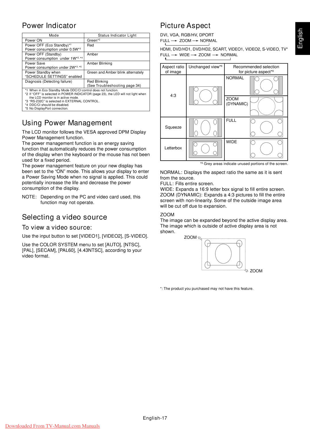 NEC P521 Power Indicator, Using Power Management, Selecting a video source, Picture Aspect, To view a video source 