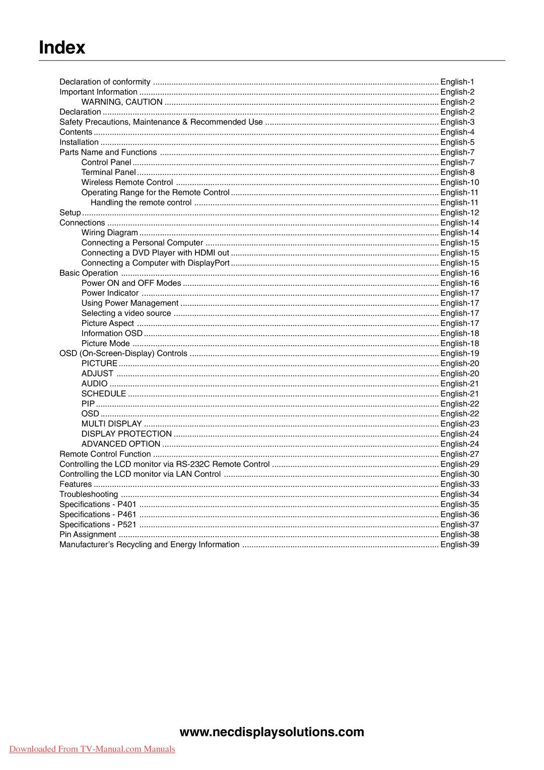 NEC P521 user manual Index, Advanced Option 