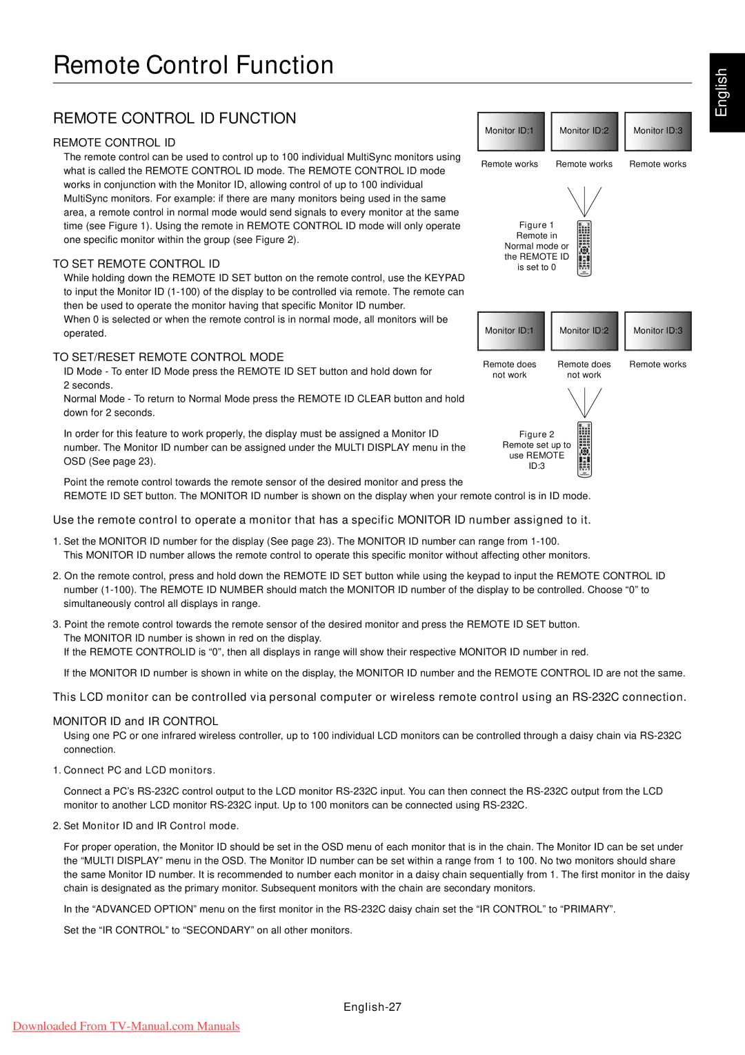 NEC P521 user manual Remote Control Function, To SET Remote Control ID, To SET/RESET Remote Control Mode, English-27 