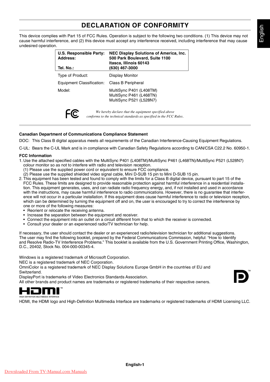 NEC P521 user manual Canadian Department of Communications Compliance Statement, FCC Information, English-1 