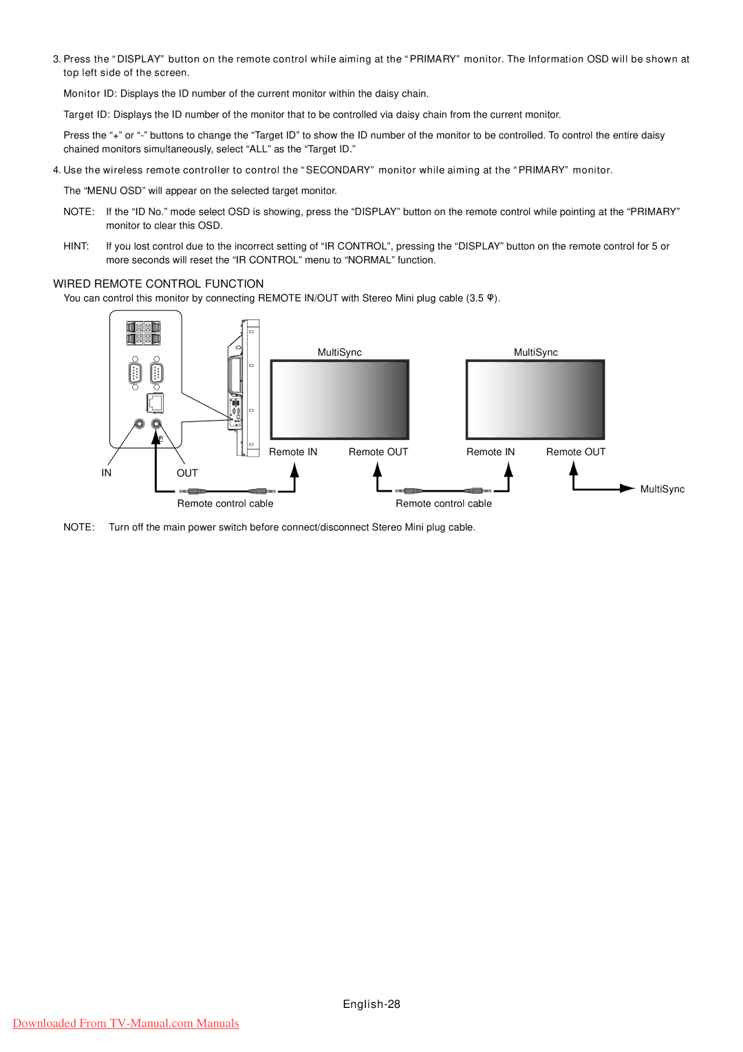 NEC P521 user manual Wired Remote Control Function, English-28, Inout 