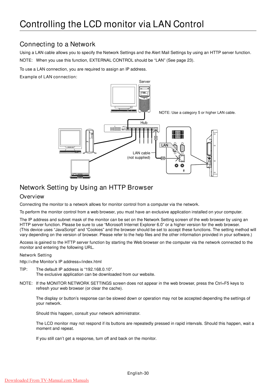 NEC P521 Controlling the LCD monitor via LAN Control, Connecting to a Network, Network Setting by Using an Http Browser 