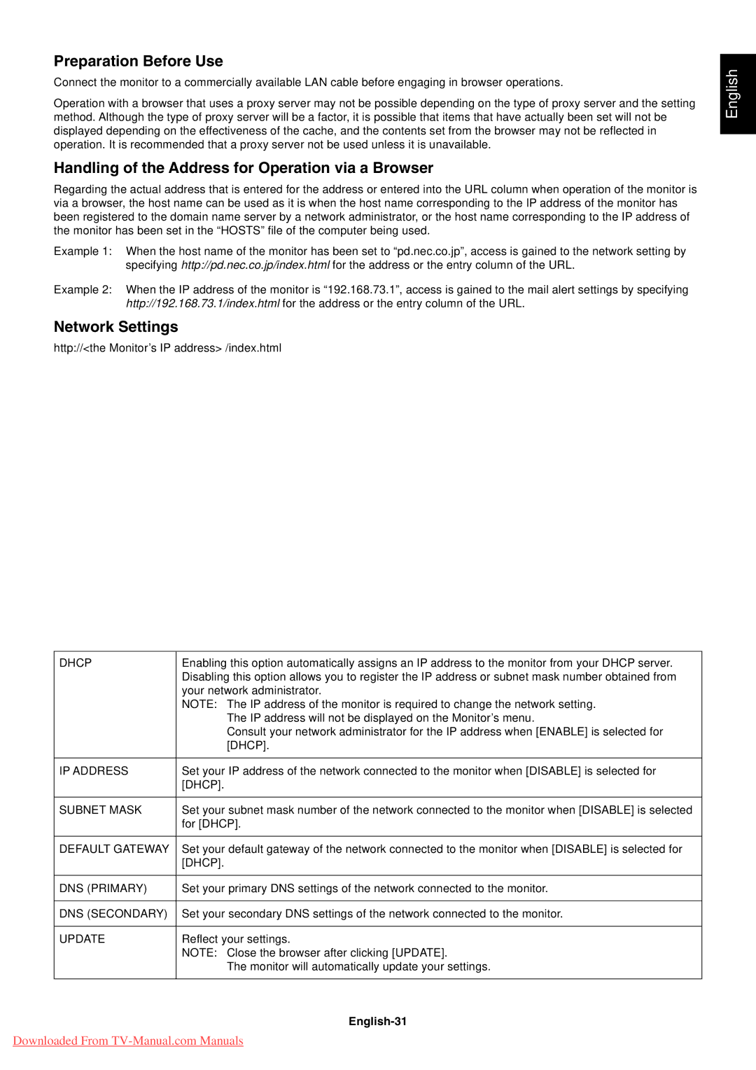 NEC P521 Preparation Before Use, Handling of the Address for Operation via a Browser, Network Settings, English-31 