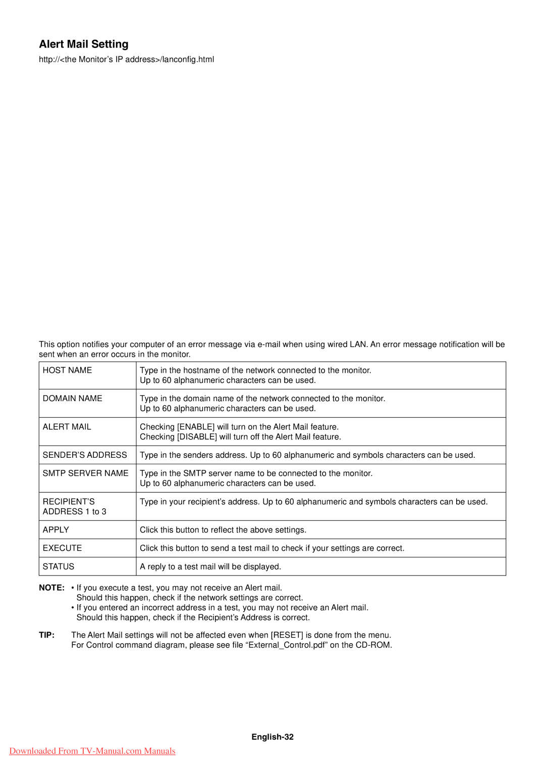 NEC P521 user manual Alert Mail Setting, English-32 