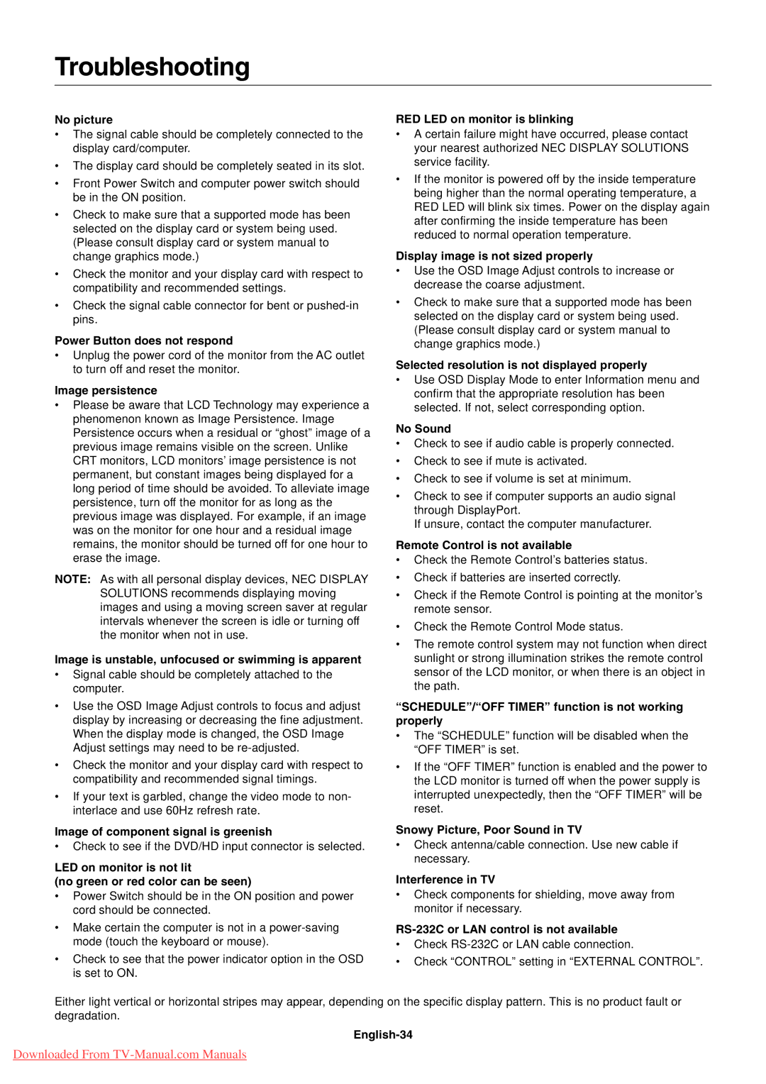 NEC P521 user manual Troubleshooting 