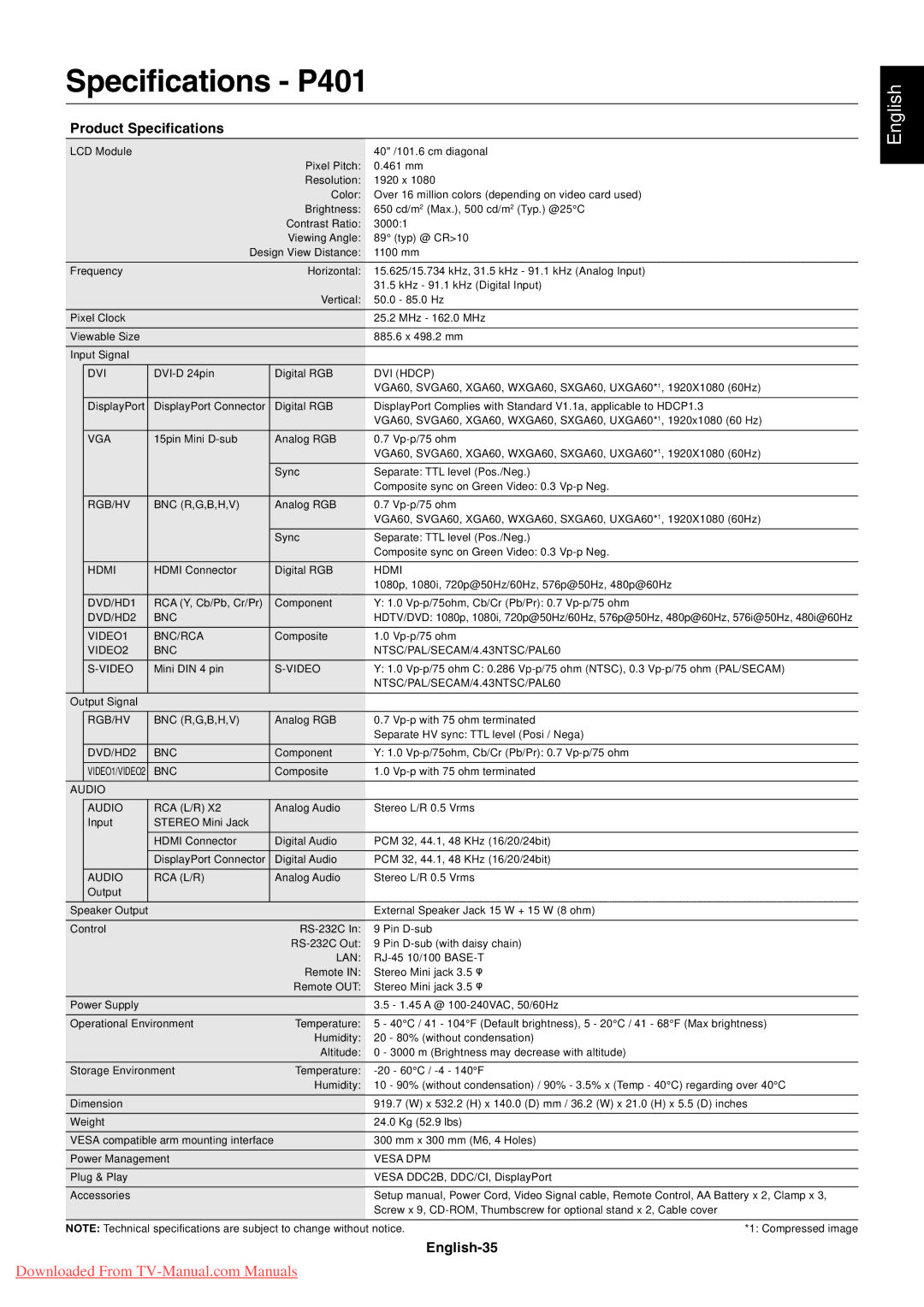 NEC P521 user manual Specifications P401, Product Specifications, English-35 