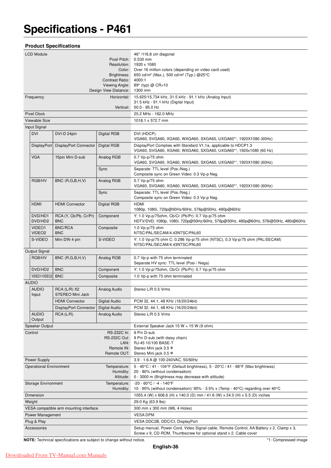 NEC P521 user manual Specifications P461, English-36 