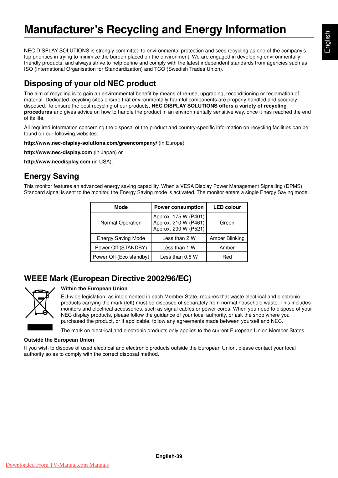 NEC P521 user manual Manufacturer’s Recycling and Energy Information, Disposing of your old NEC product, Energy Saving 