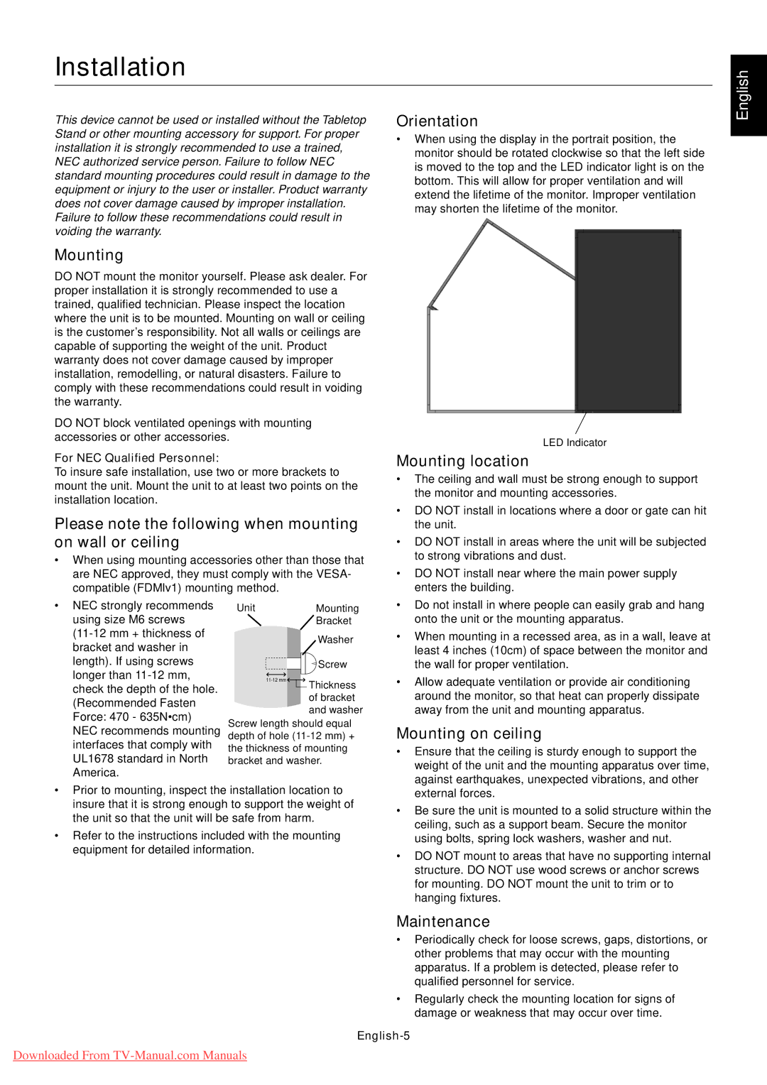 NEC P521 user manual Installation 