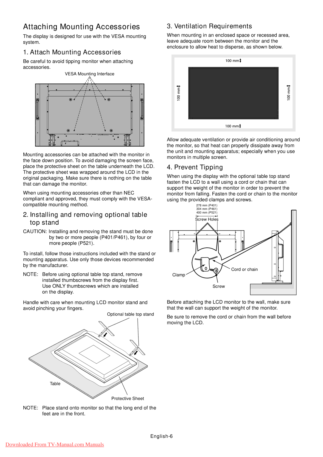 NEC P521 Attaching Mounting Accessories, Attach Mounting Accessories, Installing and removing optional table top stand 