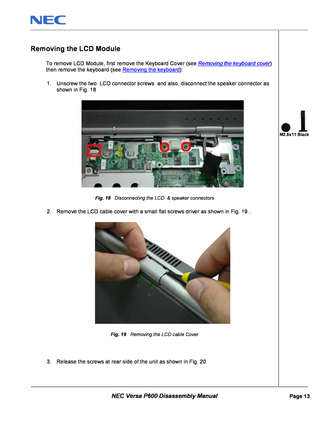 NEC manual Removing the LCD Module, NEC Versa P600 Disassembly Manual, Removing the LCD cable Cover 