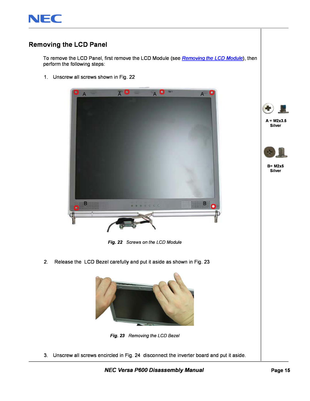 NEC manual Removing the LCD Panel, NEC Versa P600 Disassembly Manual 