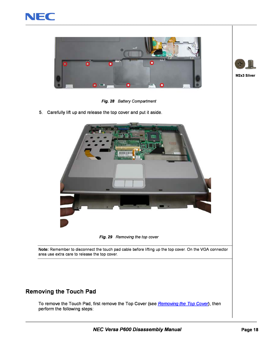 NEC manual Removing the Touch Pad, NEC Versa P600 Disassembly Manual, Battery Compartment, Removing the top cover 