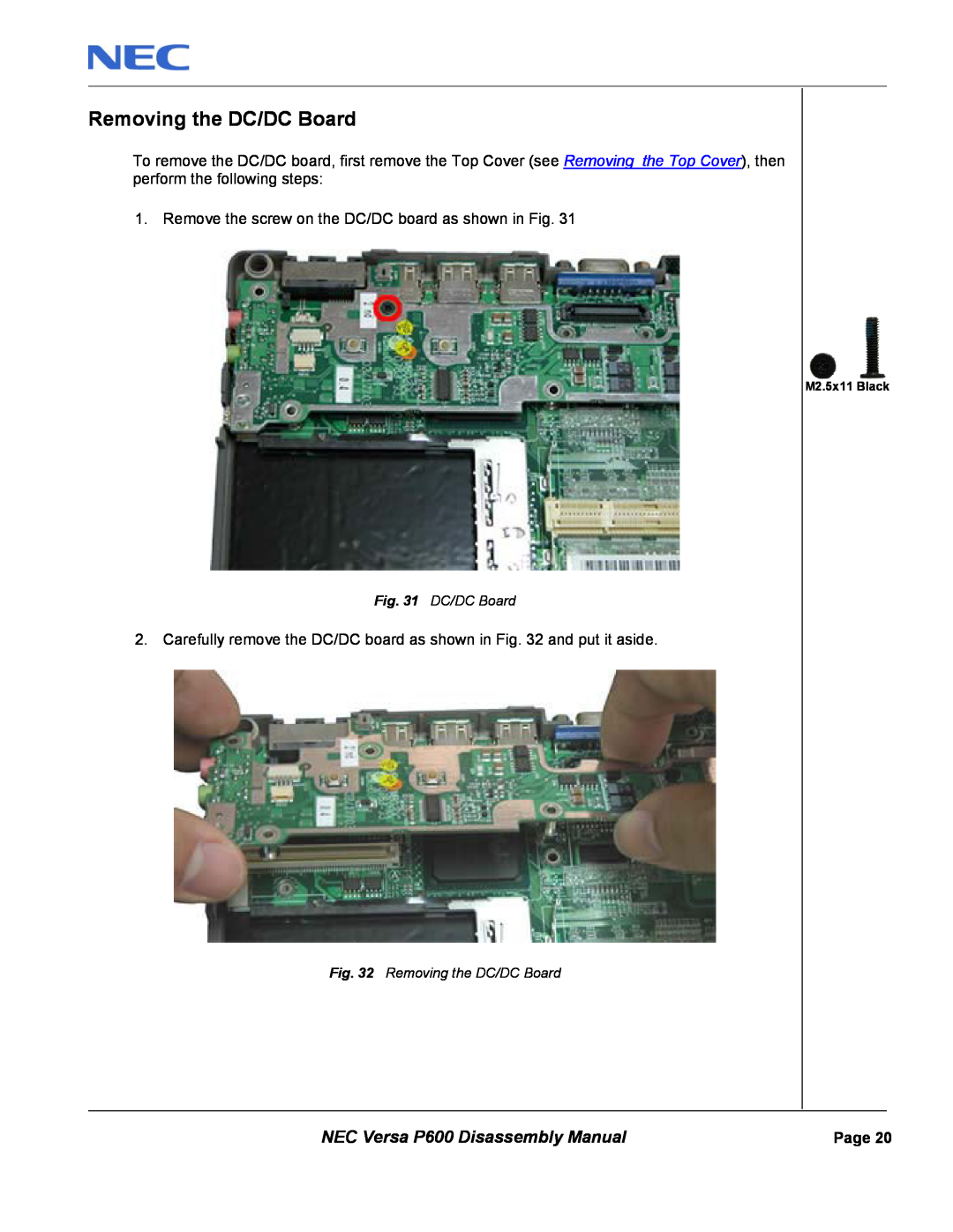 NEC manual Removing the DC/DC Board, NEC Versa P600 Disassembly Manual 