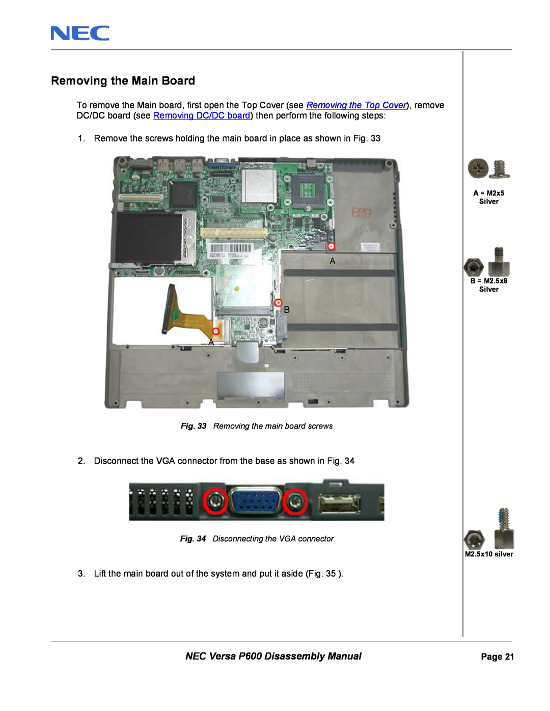 NEC manual Removing the Main Board, NEC Versa P600 Disassembly Manual 