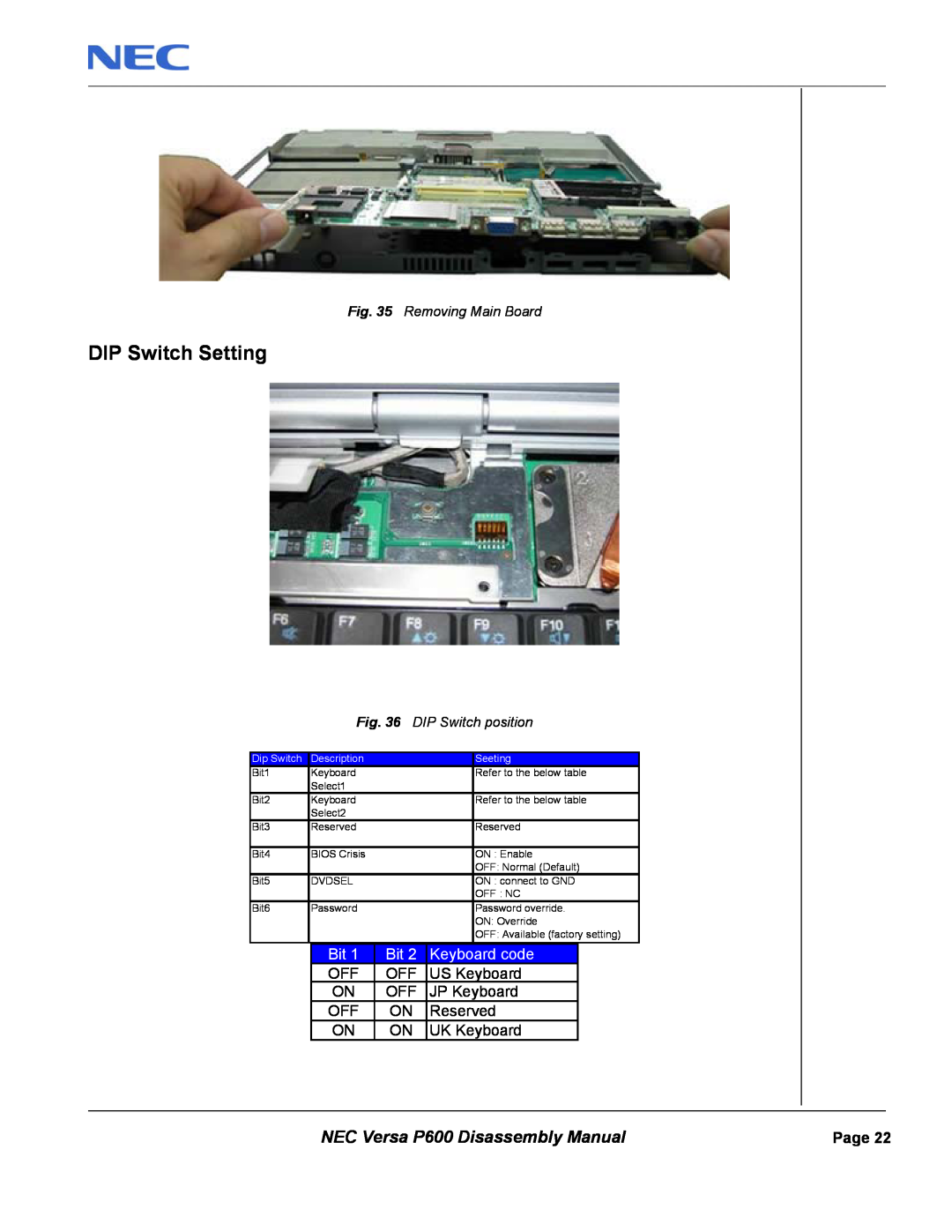 NEC manual DIP Switch Setting, NEC Versa P600 Disassembly Manual, Keyboard code 