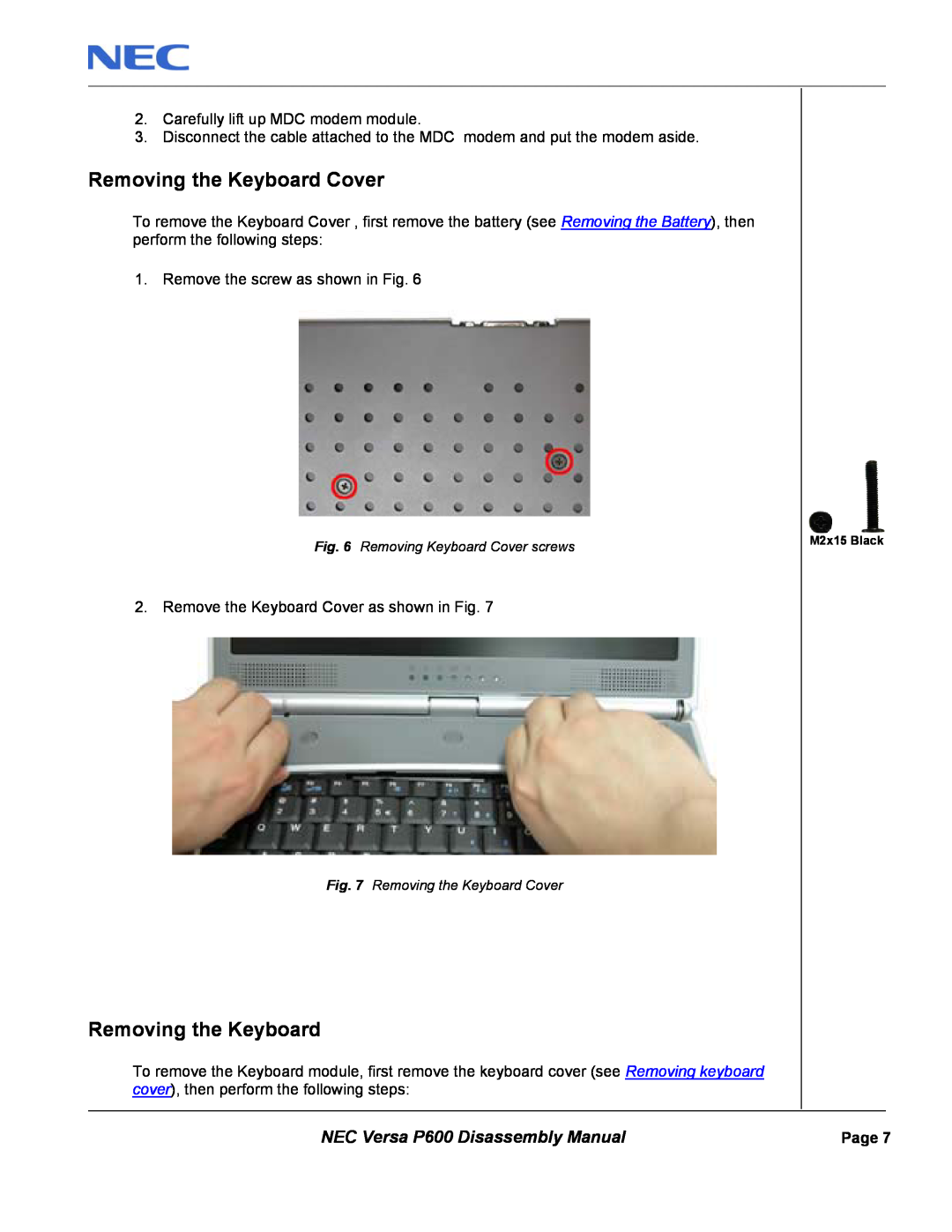 NEC manual Removing the Keyboard Cover, NEC Versa P600 Disassembly Manual 