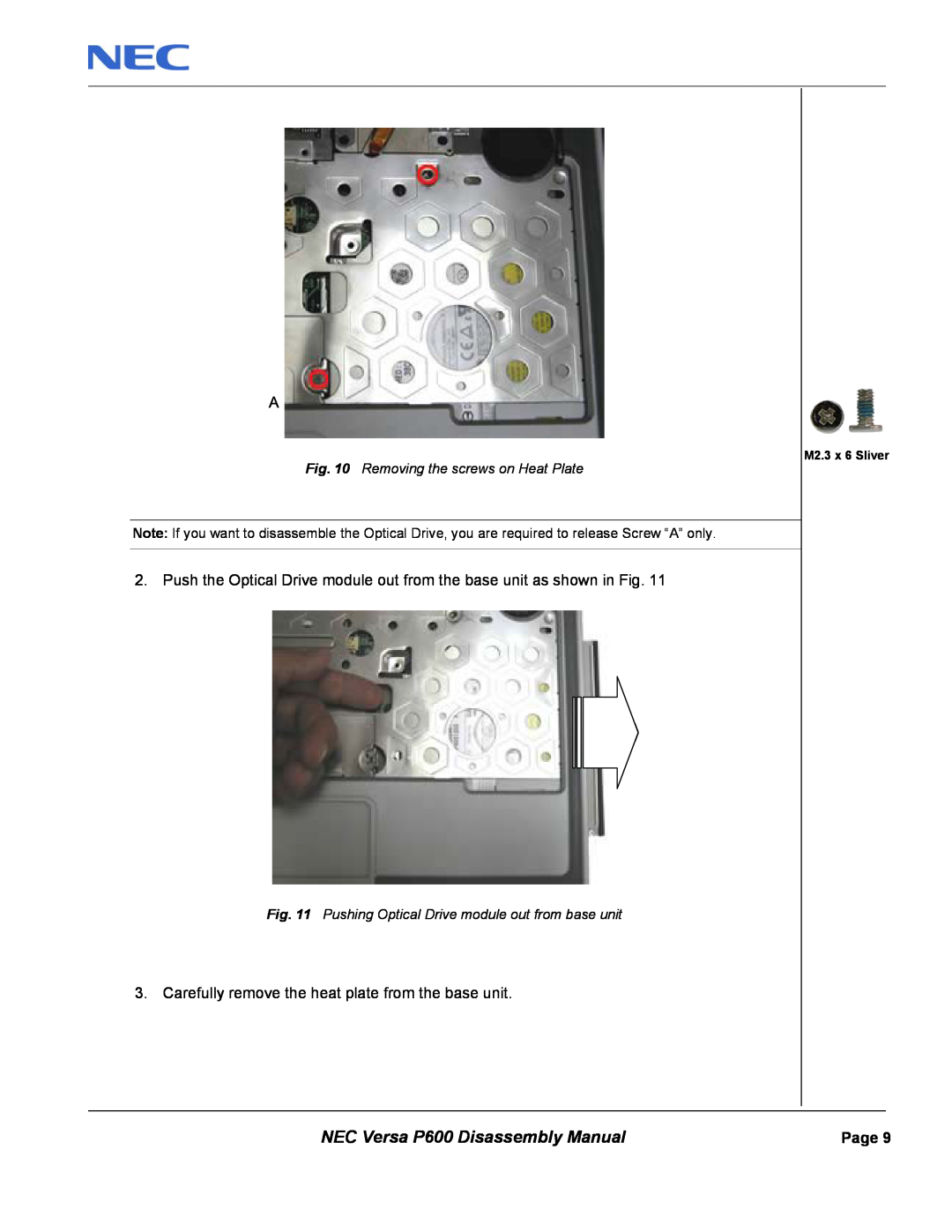 NEC manual NEC Versa P600 Disassembly Manual, Push the Optical Drive module out from the base unit as shown in Fig 