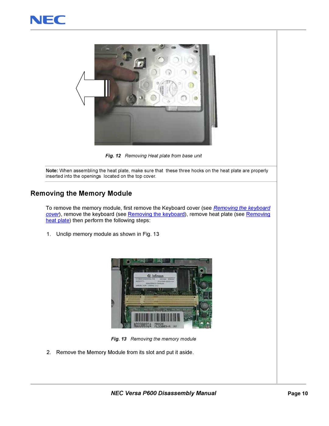 NEC P600 manual Removing the Memory Module, Removing Heat plate from base unit 